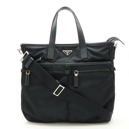 Sac fourre tout PRADA 2 VOIES nylon cuir noir argent quincaillerie boutique outre mer VA0860