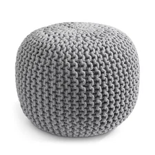 Round Cotton Pouf Ottoman, Light Gray - 20 x 20 x 14.5 Knit Foot Stool Pouffe