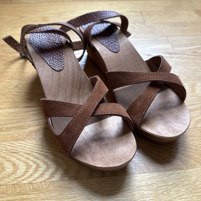 SANITA Thalia WOOD LEATHER SUEDE SANDAL WEDGE FLEX 40/9 BROWN DANISH CLOG NIB