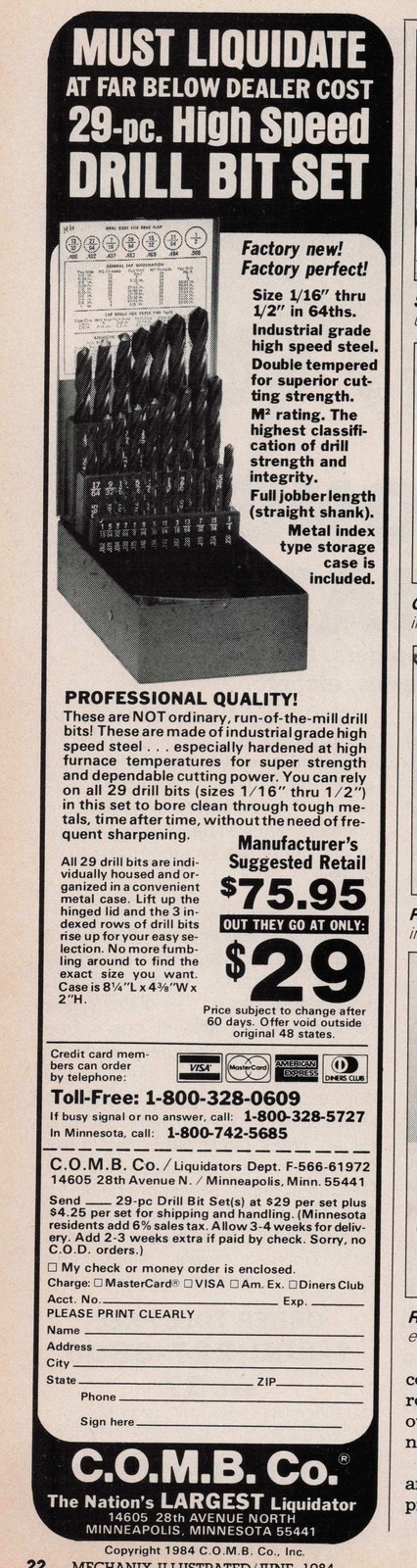 1984 Vintage Print Ad COMB 29 Pc High Speed Drill Bit Set Must Liquidate