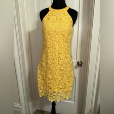 Women's size large Yellow Lace Halter Dress, floral sun dress cute lace overlay