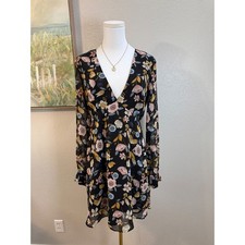 Forever 21 Contemporary Floral V-Neck Mini Dress Black Long Sleeve Size M