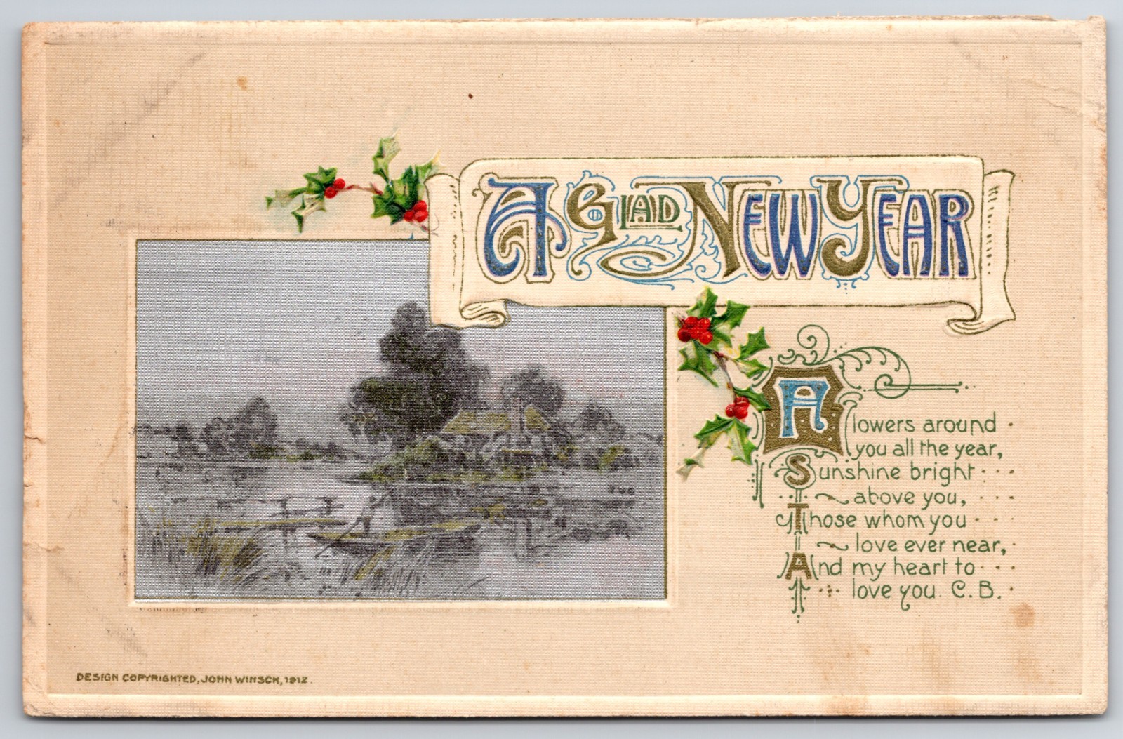 Boat Scene “A Glad New Year” 1912 John Winsch Embossed Postcard