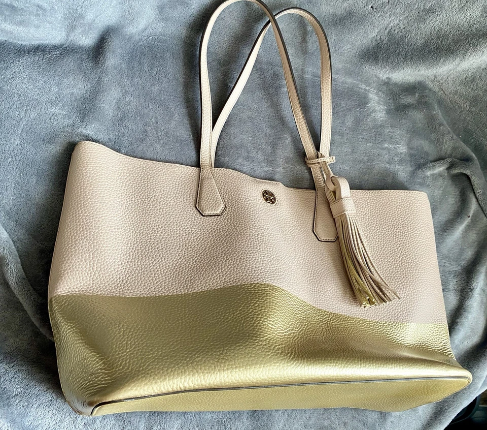 Tory Burch Perry Color Block 托特包浅粉色金属金色大号 VGC  — 第 3/4 张图片