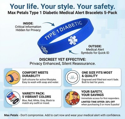   5 Pack Privacy TYPE 1 DIABETIC INSULIN DEPENDENT Silicone Wristbands Discreet