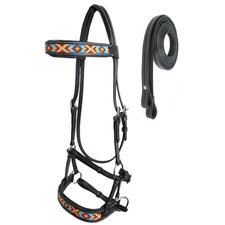 Tahoe Bitless Leather Horse Bridle - Turquoise Navajo Beaded Browband & Noseband