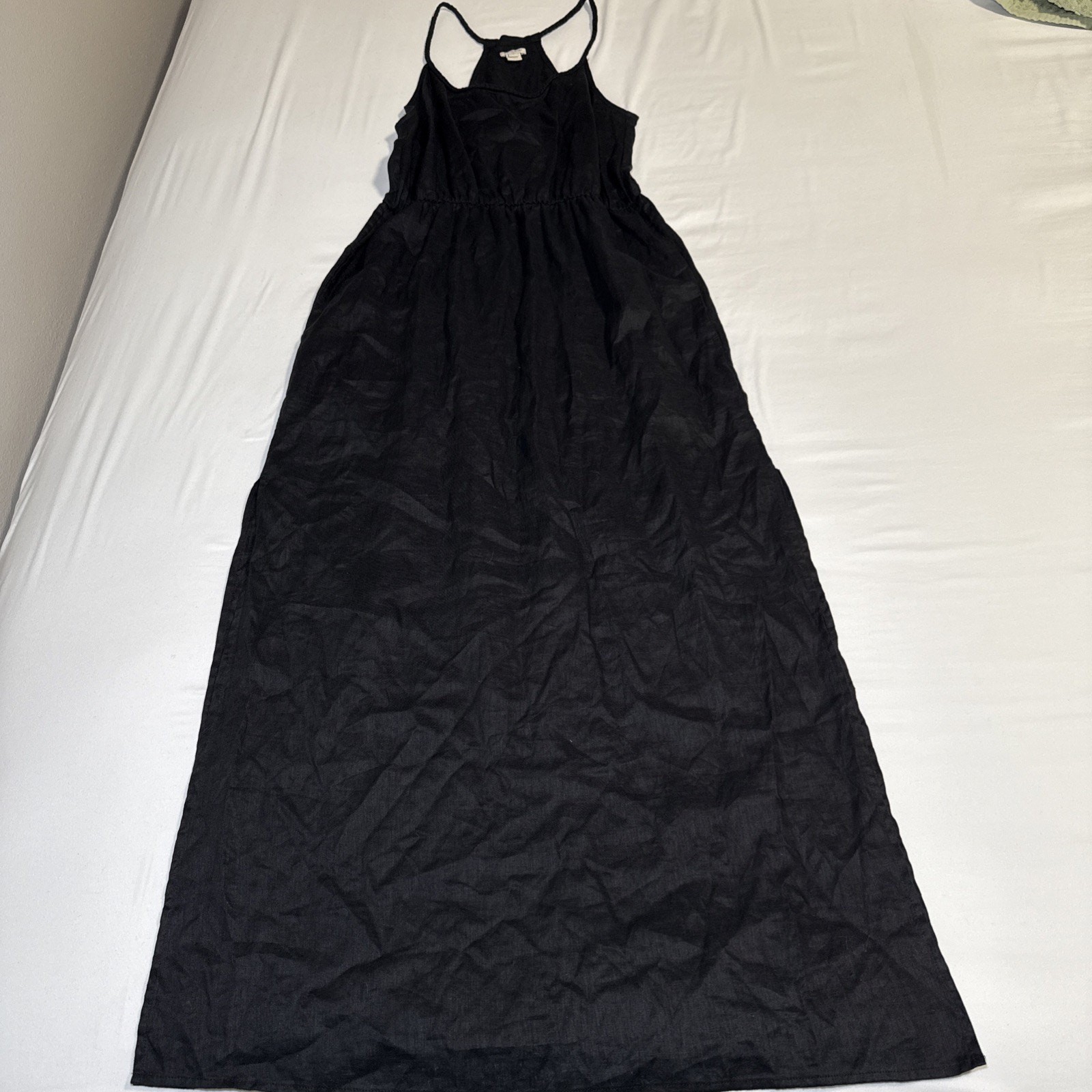 J Crew Beach Cover Up Maxi Dress 100% Linen Black Elastic Waist Womens Small EUC