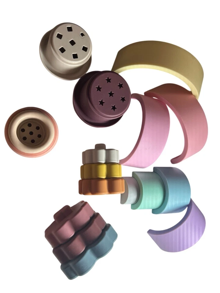 Elbebe Stacking Cup Block Set NIB Silicone Rainbow Shapes Stacker 16 Pieces Baby - Image 4 of 4