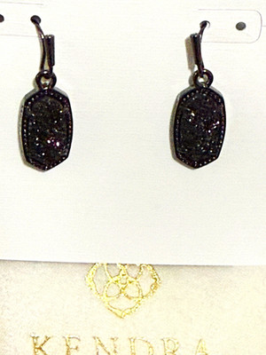 Kendra Scott Black Drusy Quartz Dangle/Drop Hook Earrings Hexagon Bezel