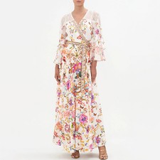 Holiday Fairy Skirt Womens V-neck Slim Waist Belted  Floral Printed Long Dress