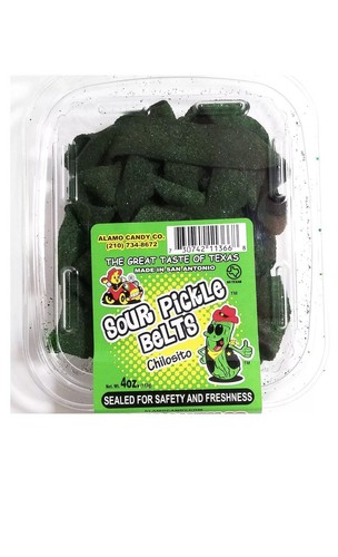 Alamo Candy Sour Pickle Belts 4oz - Delicious Sour Belts with Pickle flavoring!