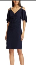 Ralph Lauren Women Blue Beaded Flutter Sleeve Surplice Neckline Dress Cocktail 6