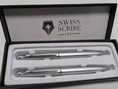 SWISS SCRIBE SILVER  PEN & PENCIL SET, CHROME  IN GIFT BOX   RETAILS FOR 59.99