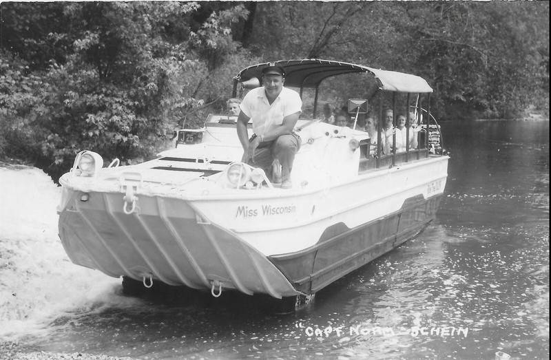 REAL PHOTO Postcard WISCONSIN DELLS WI  Captain Norm Scheim Duck Boat 1950's?