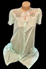 SEARS Mint Green Silky Floral Embroidery Lace Button Nightgown Robe S/32.5/34