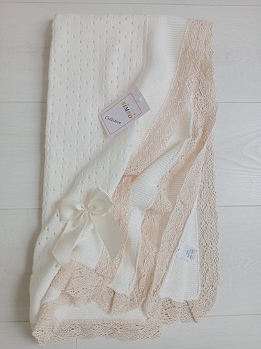 Romany Spanish Baby Shawl Baby Blanket Cream with Beige Lace and Cream bow - Picture 2 of 11