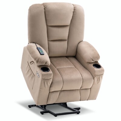 MCombo Power Lift Recliner Chair with Massage and Heat for Elderly, Extended Footrest, USB Ports, Fabric (Medium) - Beige