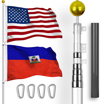 25 Ft Telescoping Flagpole Silver & American and Haiti Flags Spun 3x5 Ft