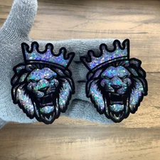 Lion Badges Emblem Lime Green Eye Holographic Flake Ed., 2 Badges, Fender Angry