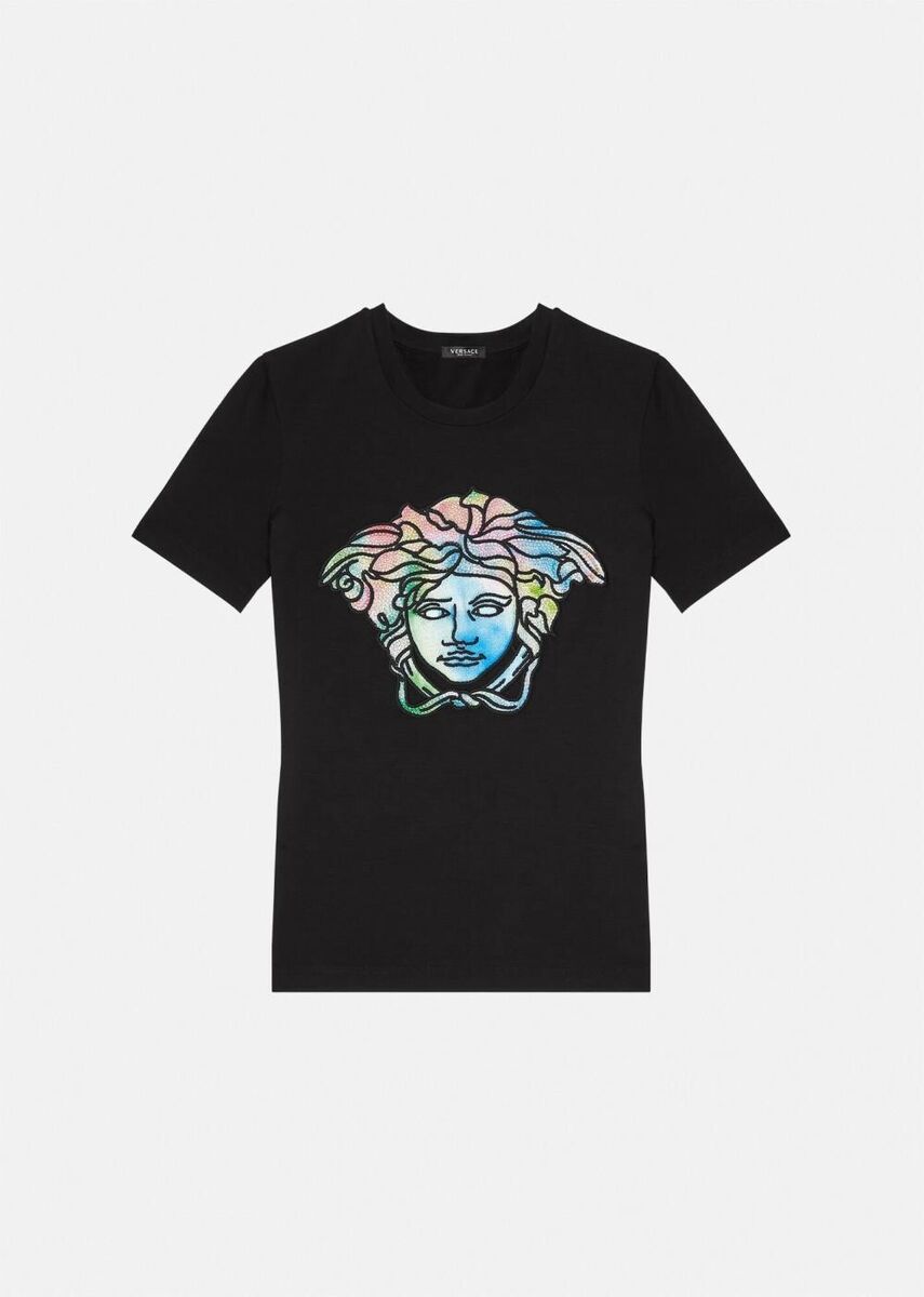 40 NEW $725 VERSACE Black LOGO RAINBOW MEDUSA CRYSTAL Fitted 40 NEW $725 VERSACE Black LOGO RAINBOW MEDUSA CRYSTAL Fitted