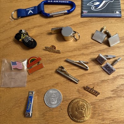 Vintage Men s Junk Drawer Lot of 15: Pins, Cuff Links, Tie Clips, Whistle, et