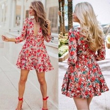 Lovers + Friends Red Floral Embroidered Lace Mini Dress Deep V Neck NWT L