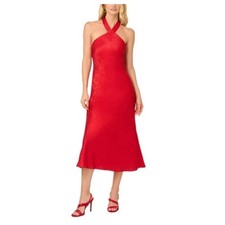 Adrianna Papell Red Cocktail Dress Metallic Satin Low Back Midi Halter Size 10