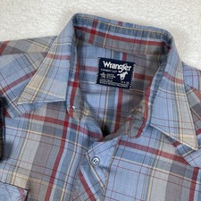 VTG Wrangler Cowboy Cut Long Tails Blue Plaid Western Dress Snap Shirt Men 17/36