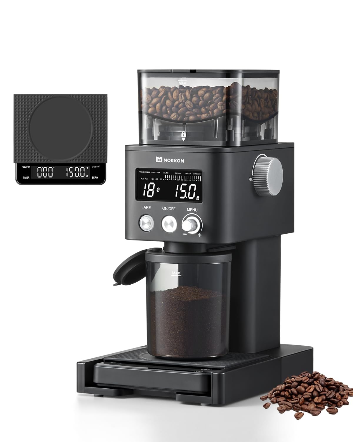 MOKKOM Coffee Grinder with Removable Coffee Scale via Blueto