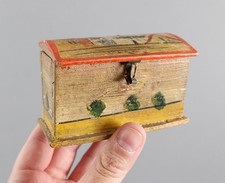 19thC Antique Folk Art Painting Miniature Wood Box, Pin Hinges, Original Paint