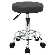 Round Rolling Stool with Footrest PU Leather Height Adjustable 360  Swivel