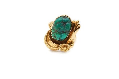 Vintage Native American Navajo 14k Yellow Gold Turquoise Ring Size 6