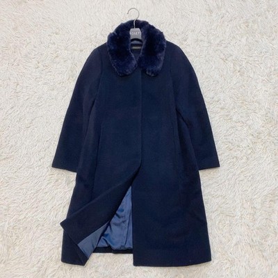 United Arrows Long Navy Wool & Rabbit Fur No Collar Coat S Top Condition