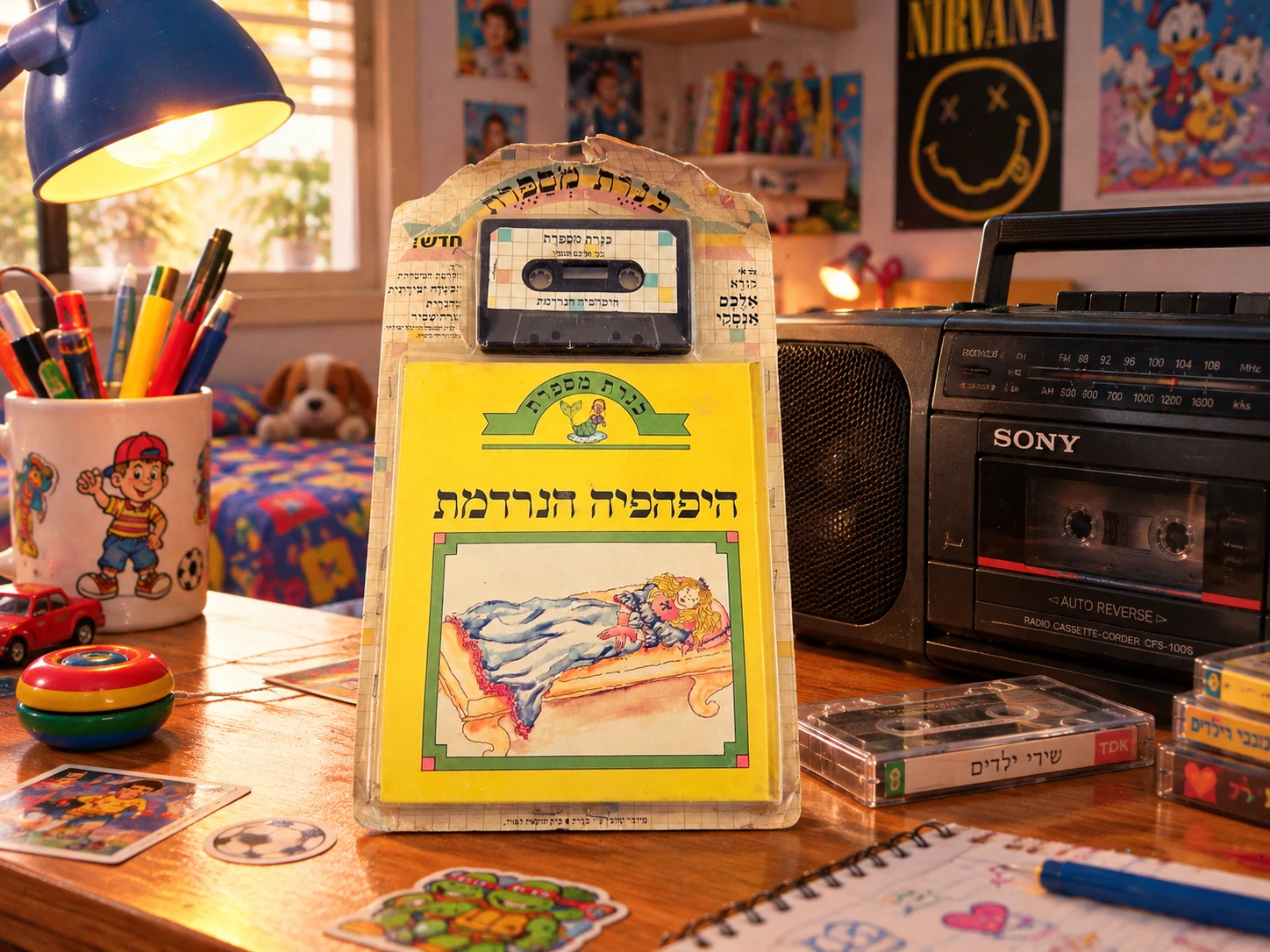 Vintage Hebrew children’s book cover with “היפהפיה הנרדמת” text, colorful Hebrew alphabet, and yellow heart-shaped border.