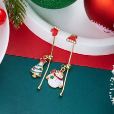 Christmas Asymmetric Snowman Tree Earrings Women Long Tassel Dangle Red Hat