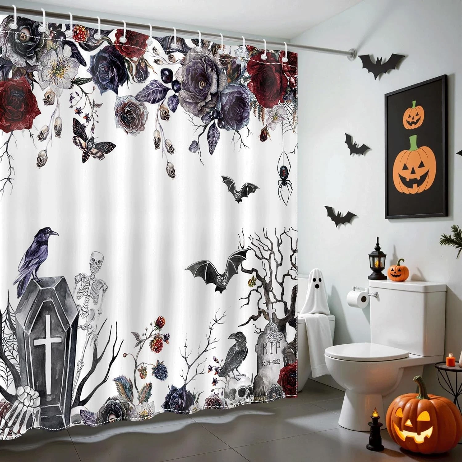 Halloween Shower Curtain for Bathroom Horror Gothic Skull Raven Bat Bath Curtain