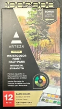 ARTEZA Watercolor Paint Set Half Pans W/ Met Storage Tin - 12 Pcs. Earth Colors