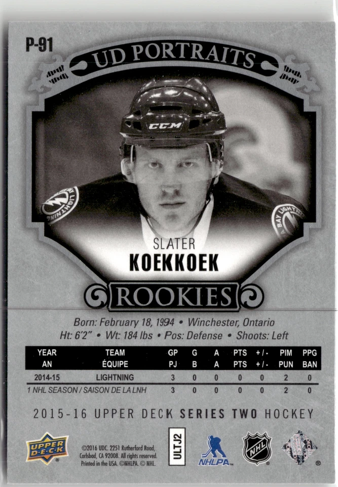 2015-16 Upper Deck #P-91 Slater Koekkoek UD Portraits - Image 2 of 2