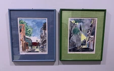 1950's Framed Watercolor Paintings Pirates Alley French Market New Orleans