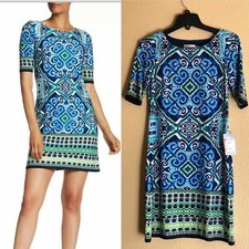 Eliza J Womens Blue Abstract Short Sleeve Relaxed Shift Dress Size 0