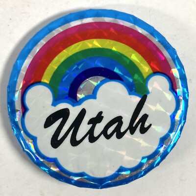 Utah Vintage 1980 s Rainbow Cloud Prism Foil Pin Badge Button Pinback 2.25 
