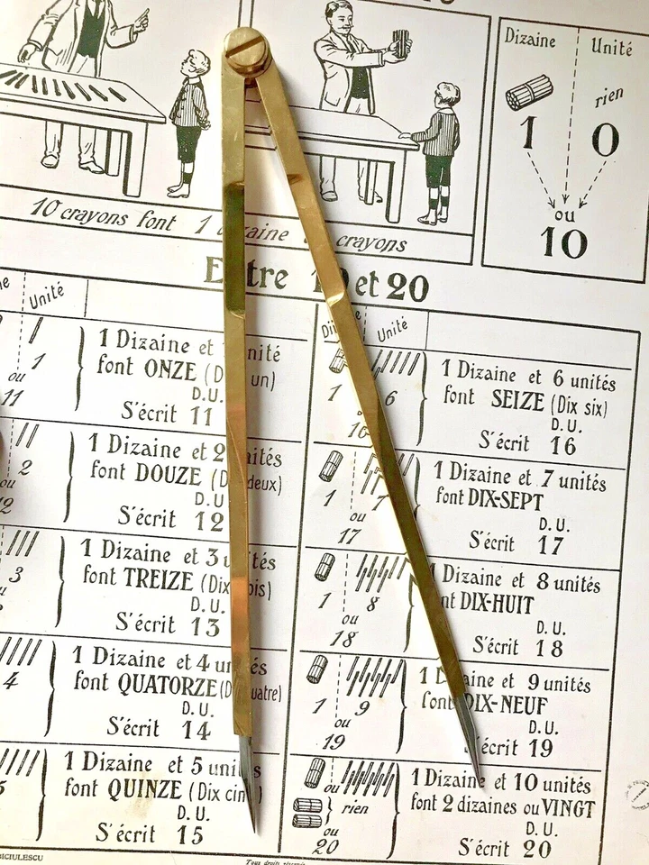 COMPAS À POINTE SÈCHE EN LAITON DORÉ ANCIEN GRAVÉ ‘ F T ‘ - Photo 2/4