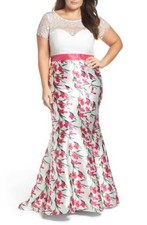 MAC DUGGAL 77168F White Pink Floral Sheer Lace Maxi Mermaid Gown Dress 20W 2X
