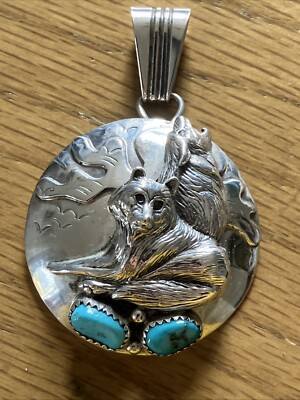 Indianer Sterling Silber Bär & Wolf Anhänger Türkis Running Bear RB