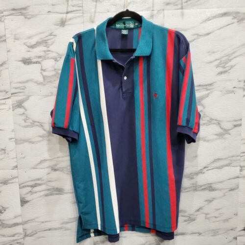 Knights of Round Table Mens Polo Shirt Size 2XLT Aqua White Red Navy Stripes - Picture 1 of 9