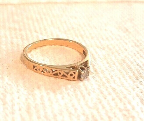 14k Solid Plumb Gold Solitaire 0.09 ct Diamond Openwork Size 6.5 Ring - Picture 7 of 9