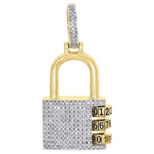 Authentic 10K Yellow Gold Plated Lab Created Diamond Padlock Lock Code Pendant Pave Charm