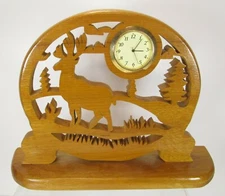 Handcrafted Mini Desk Clock With Elk Deer Myrtle Wood Scroll Saw Sculpture 6x6