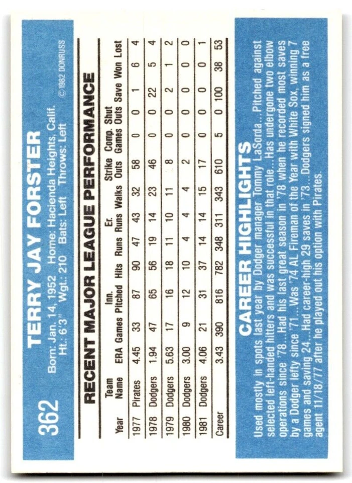 1982 Donruss Terry Forster . Los Angeles Dodgers #362 - Image 2 of 2