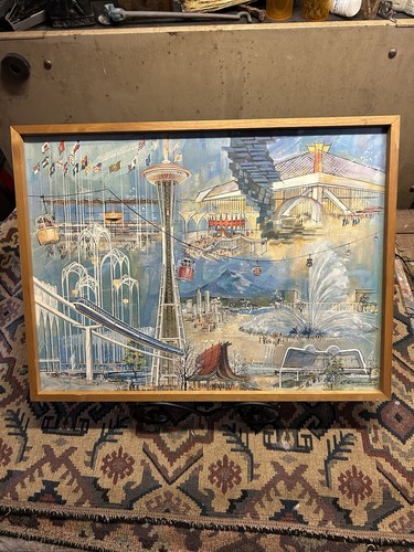 Vintage Original 1962 Seattle Worlds Fair Lithograph Print On Board Framed